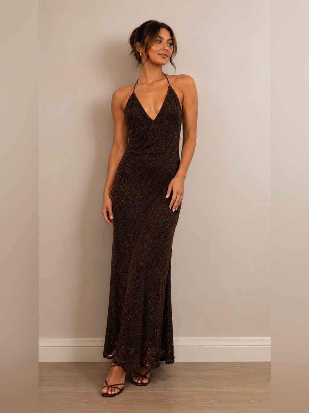 CRISTALL COLLECTION PETITE Vintage Sparkle Brown Maxi Slip Dress with V-Neck